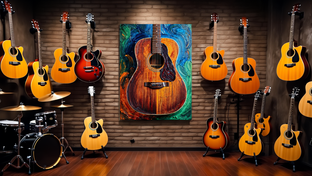 Acoustic guitars on display against a wooden wall with a colorful guitar painting.