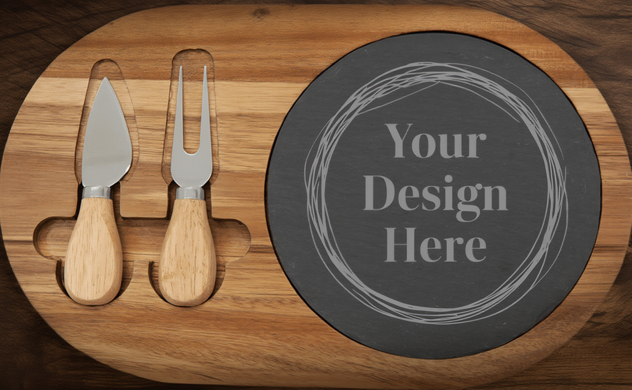 Wooden cutting board with slate rounder and two cheese knives on a wooden surface.