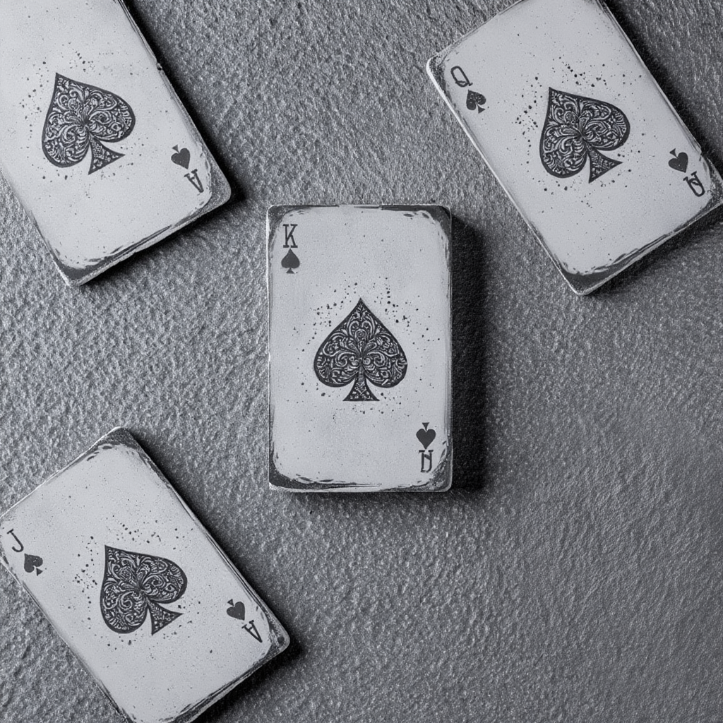 Black and white playing cards with spade symbols on a gray surface