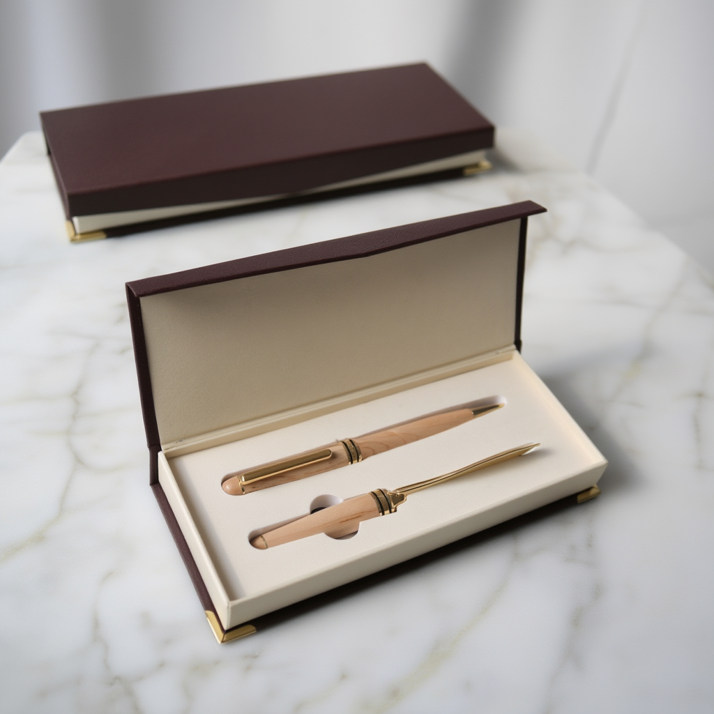 Pen and letter opener set in a brown and beige box on a marble surface