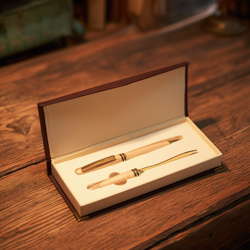 Wooden pen set in an open box on a wooden surface