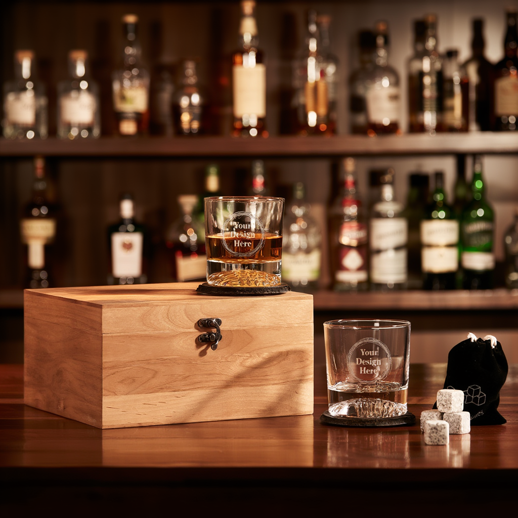 Two whiskey glasses with engraved text on a wooden box and shelf of bottles in the background.