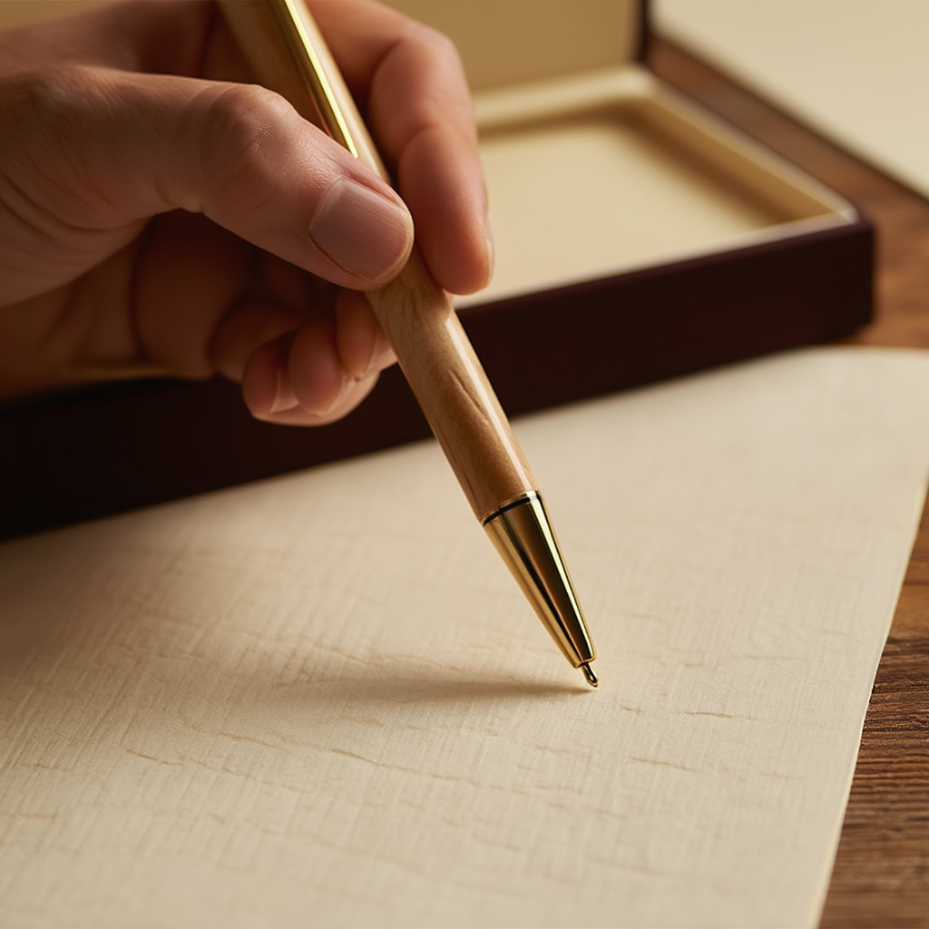 Hand holding a gold pen on textured paper with a wooden surface in the background