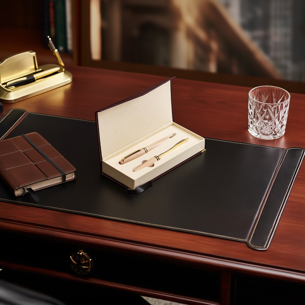 Desk setup with a black leather desk pad, pen set, notebook, and glass on a wooden surface.