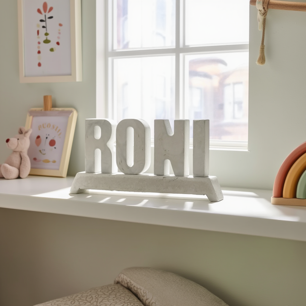 Decorative name sign 'RONI' on a shelf with a window in the background