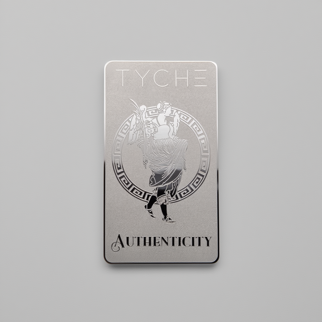 Metallic card with 'Tyche Authenticity' design on a gray background