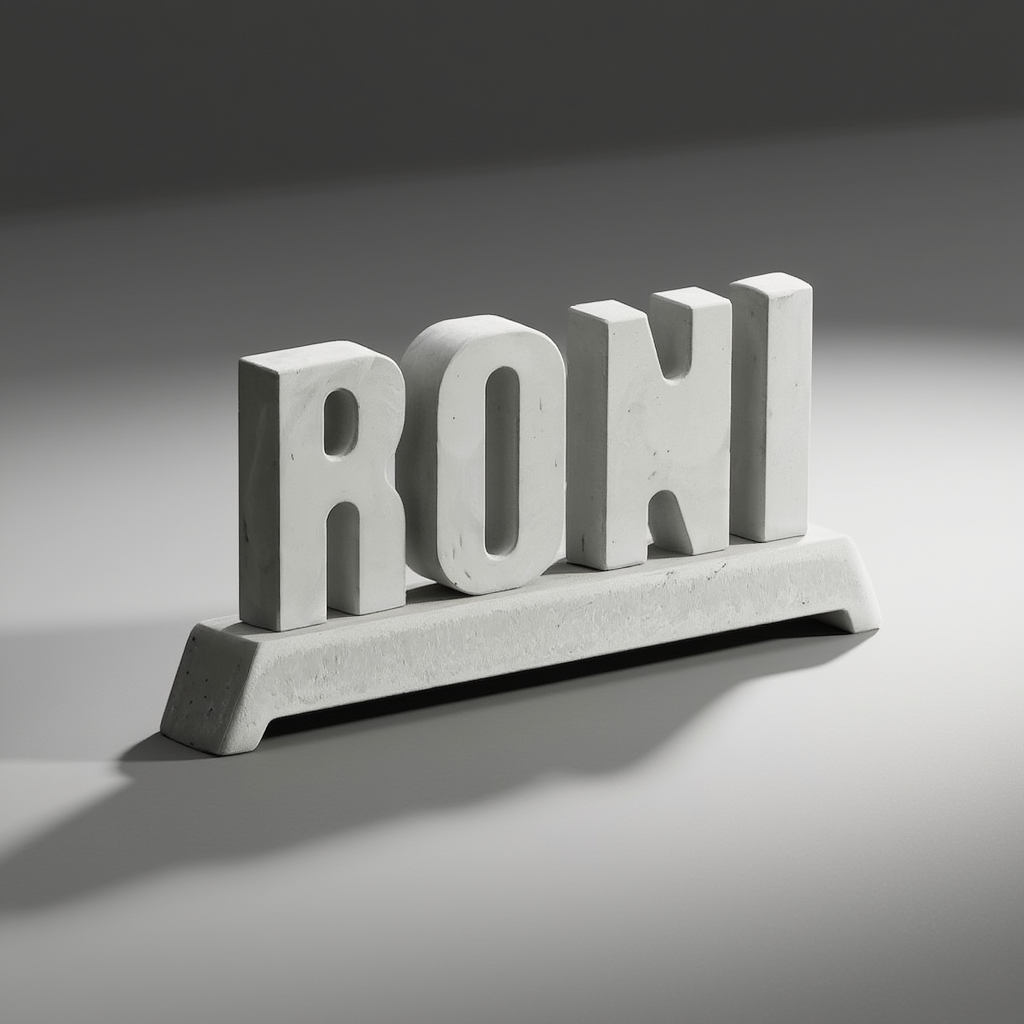 Concrete sculpture of the word 'RONI' on a gray background