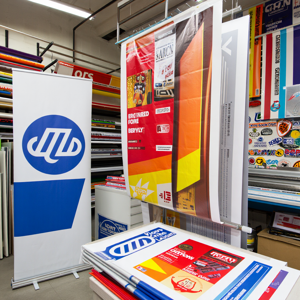 Display of printed posters and banners with a prominent JTB logo in an indoor setting.