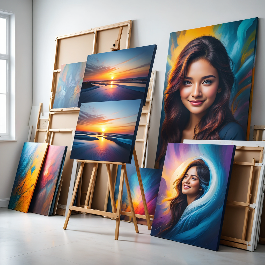 Art studio with various paintings on easels and canvases.