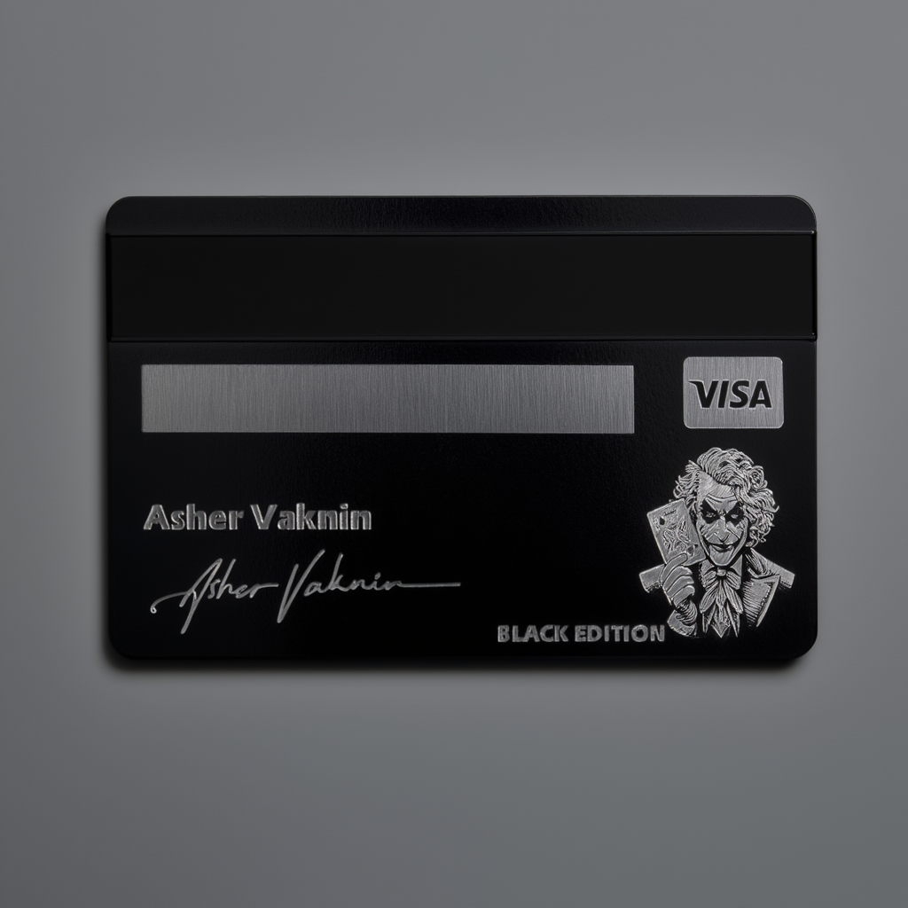 Black credit card with Visa logo and Asher Vaknin branding on a gray background