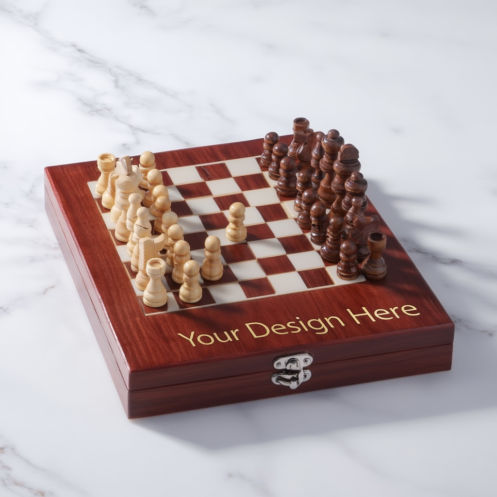 Wooden chessboard with pieces on a marble surface