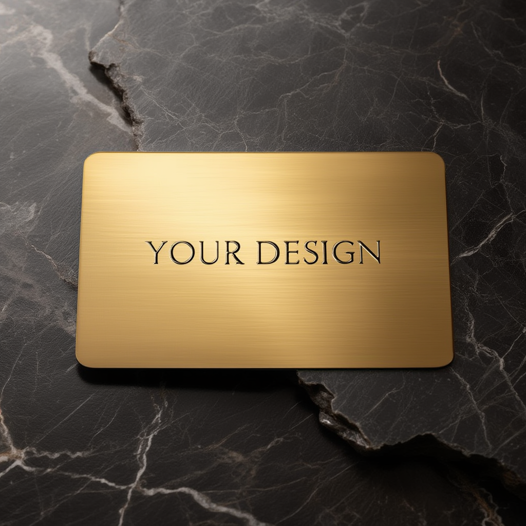Gold business card with 'YOUR DESIGN' text on a black marble background