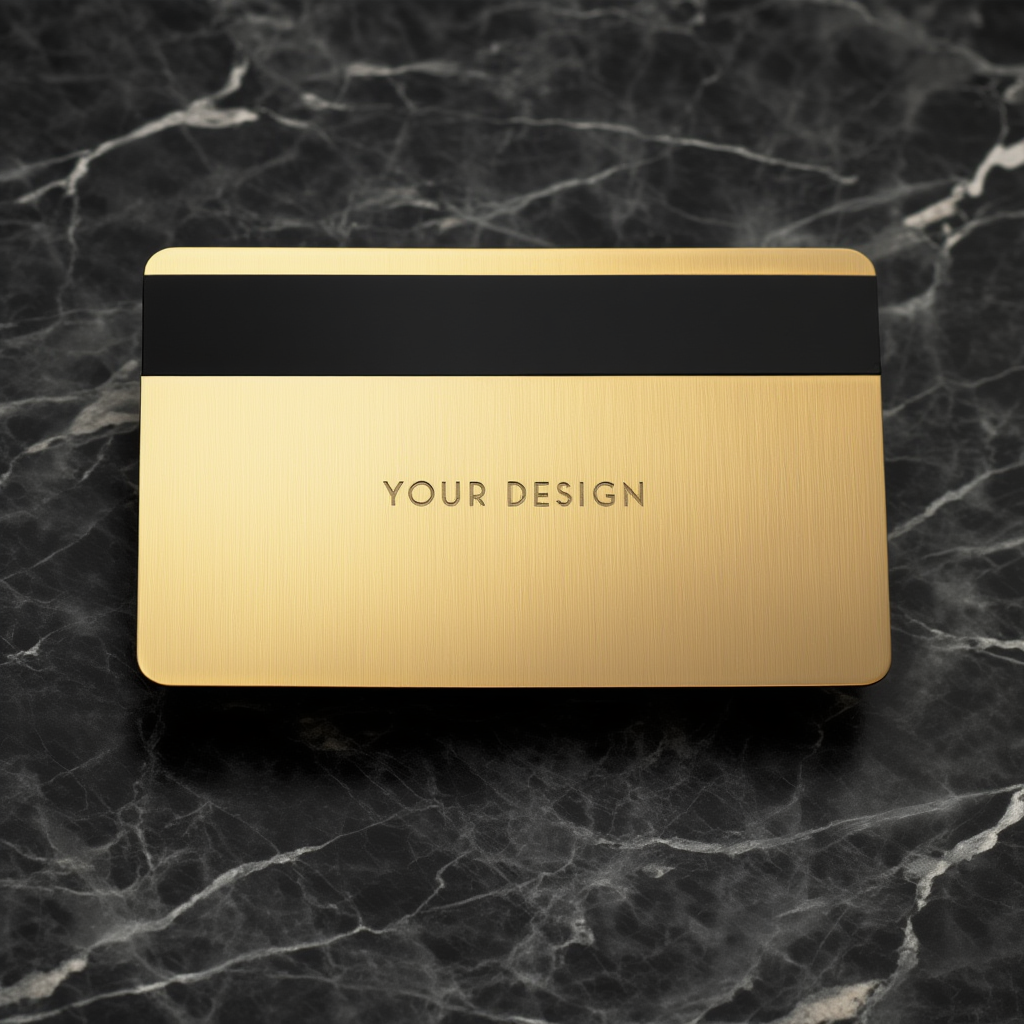Gold card with black stripe on a marble background
