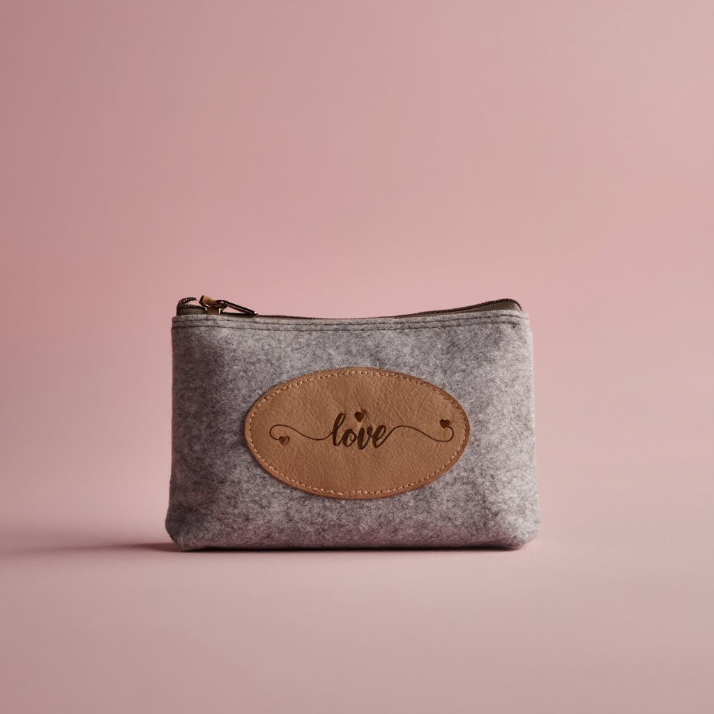 Gray pouch with a brown leather patch displaying the word 'love' on a pink background