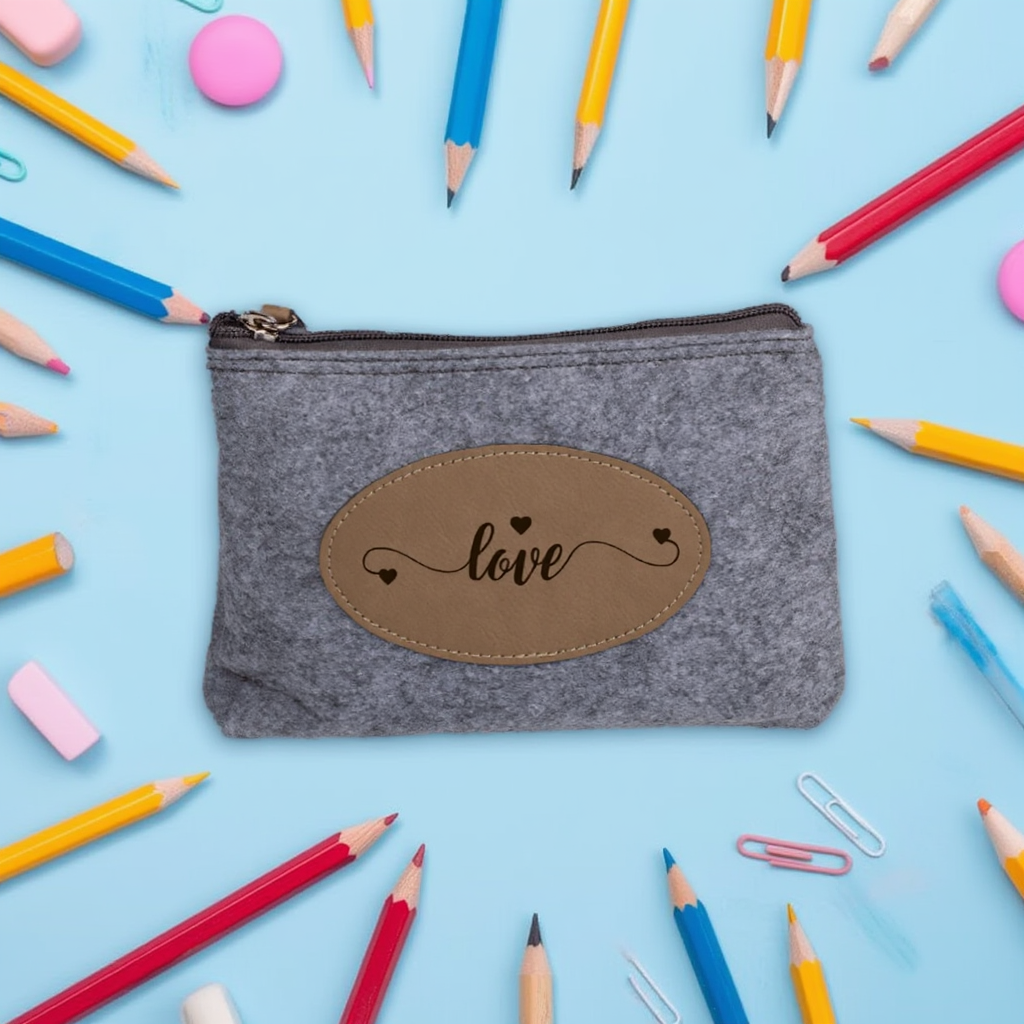Gray pouch with 'love' patch surrounded by colorful stationery items on a blue background
