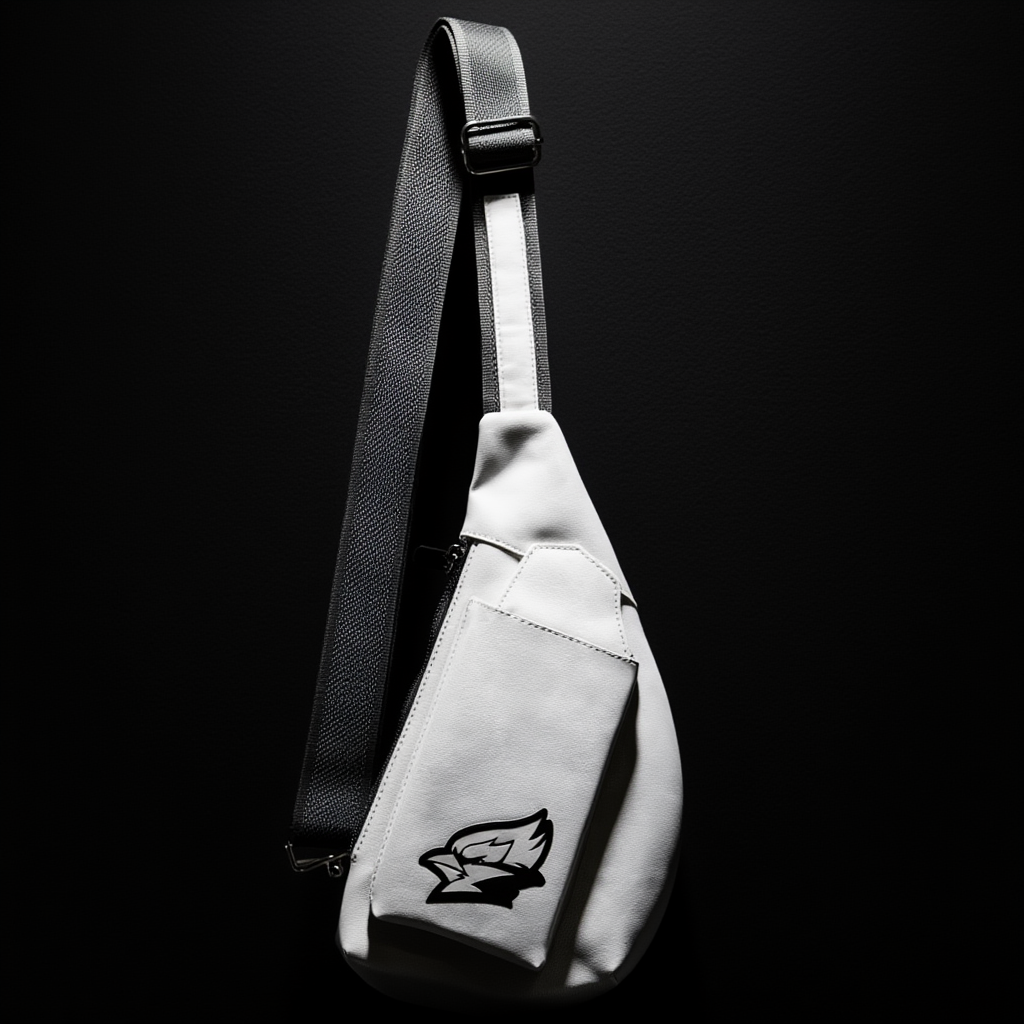 White crossbody bag with black strap on a black background