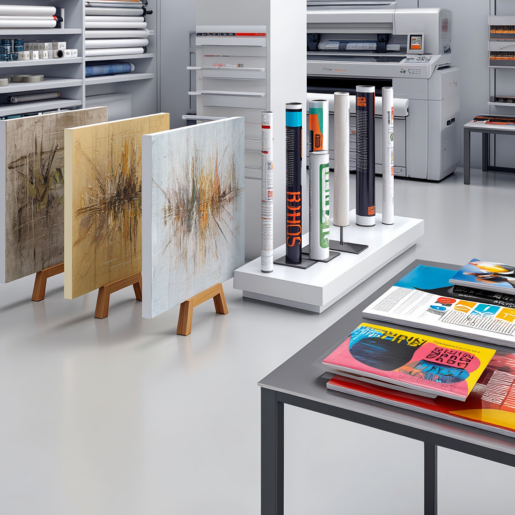 Art studio with canvases, printouts, and printing equipment.