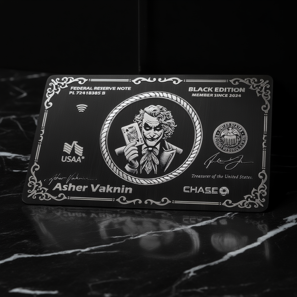Black card with a Joker design and USAA and Chase branding on a dark surface