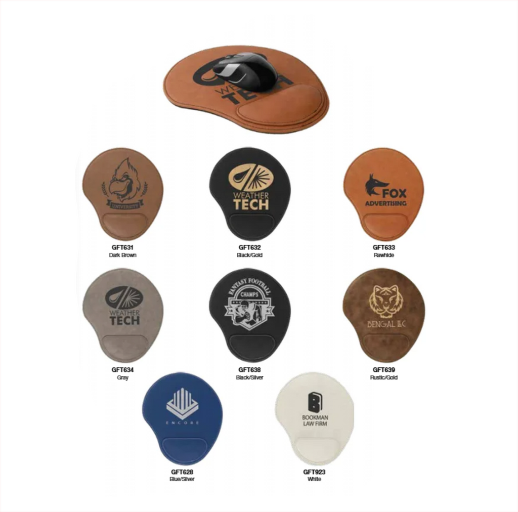 Collection of branded mouse pads with various designs and colors on a white background