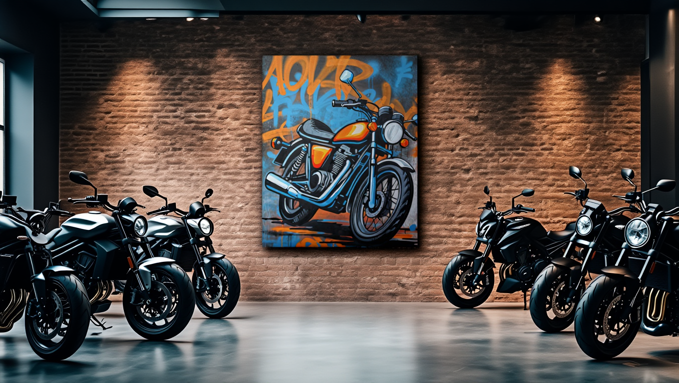 Motorcycles on display in a showroom with a painting of a motorcycle on the wall.