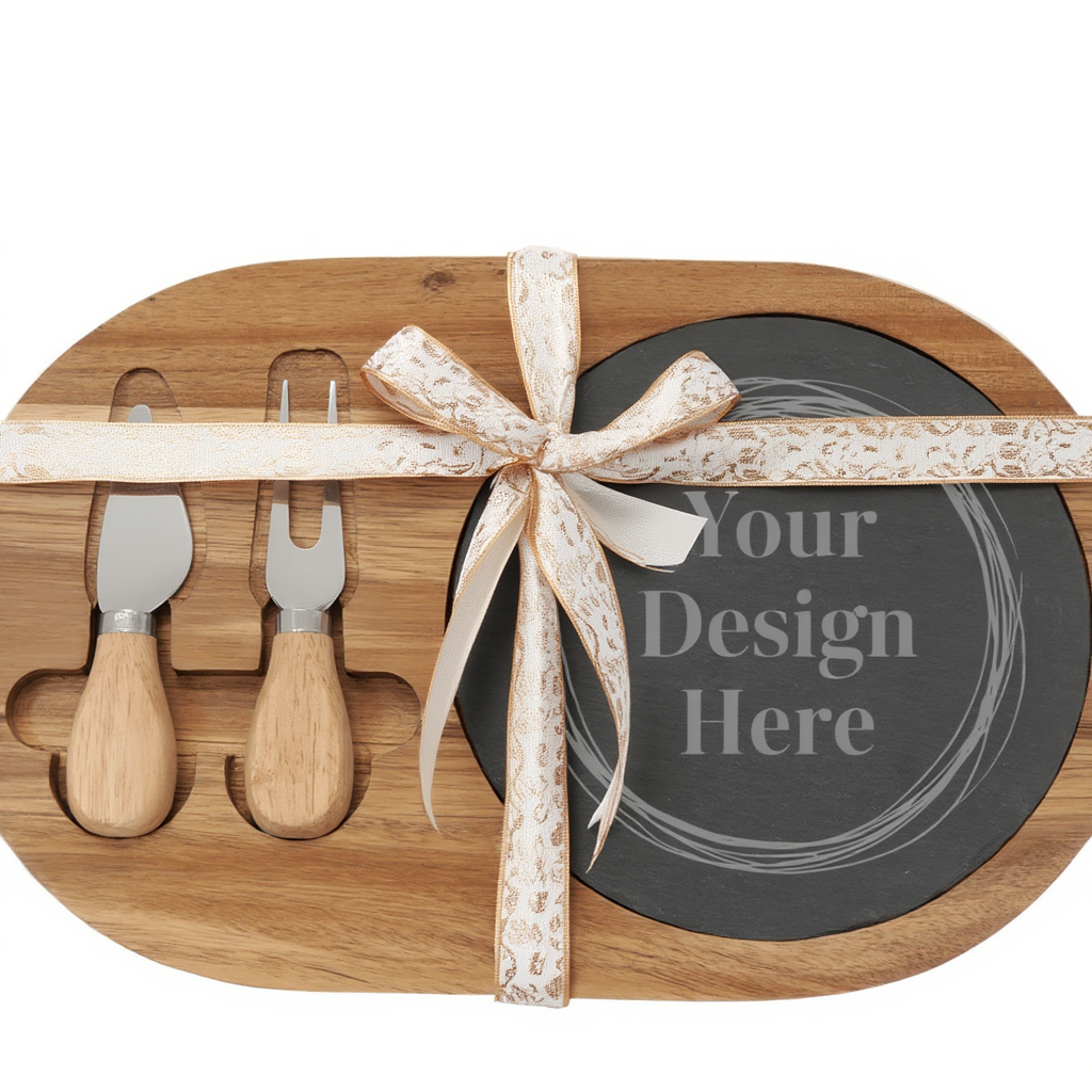 Wooden cheese board set with tools and a chalkboard label on a white background
