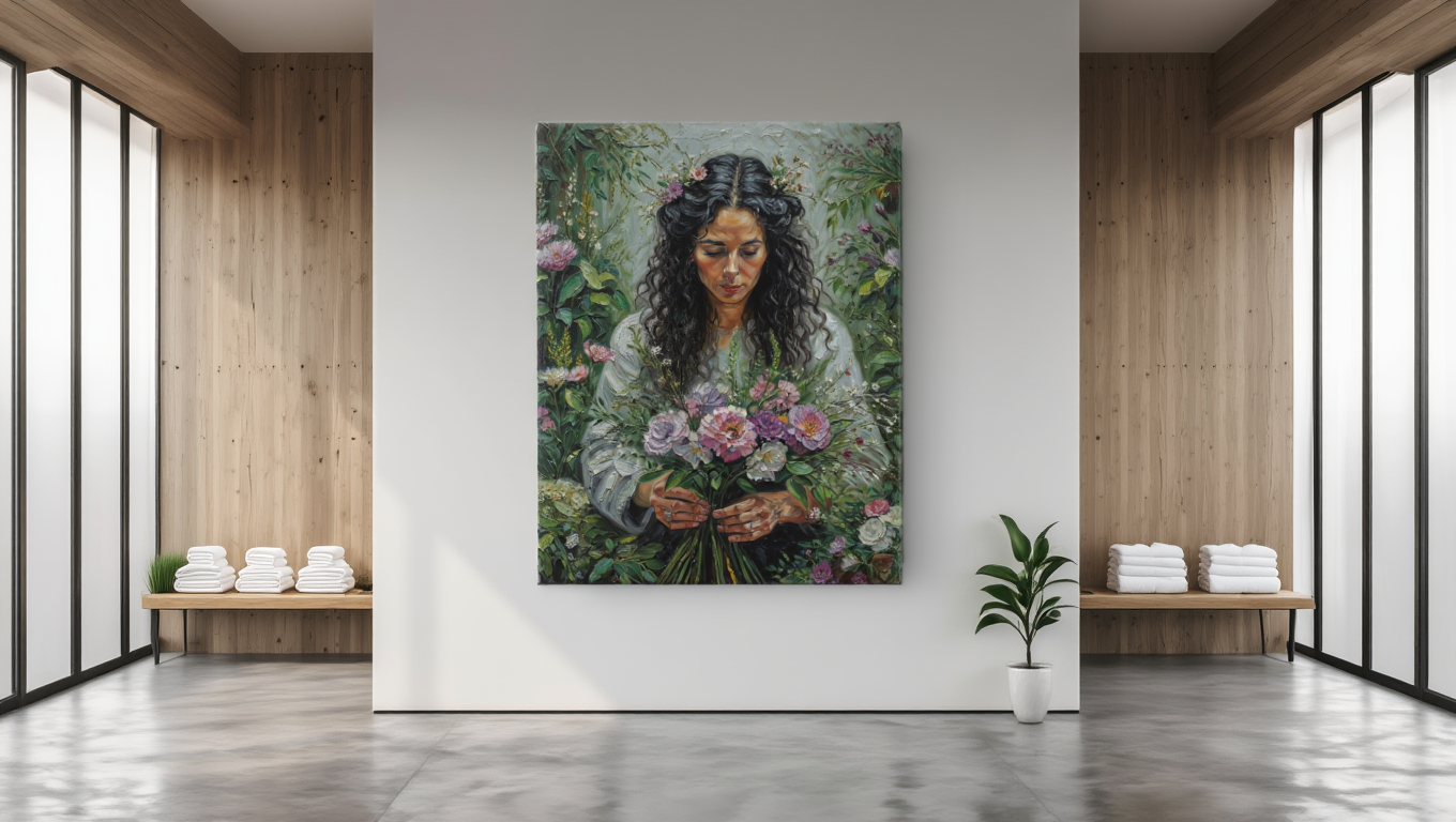 Modern interior with a painting of a woman holding flowers on a white wall.