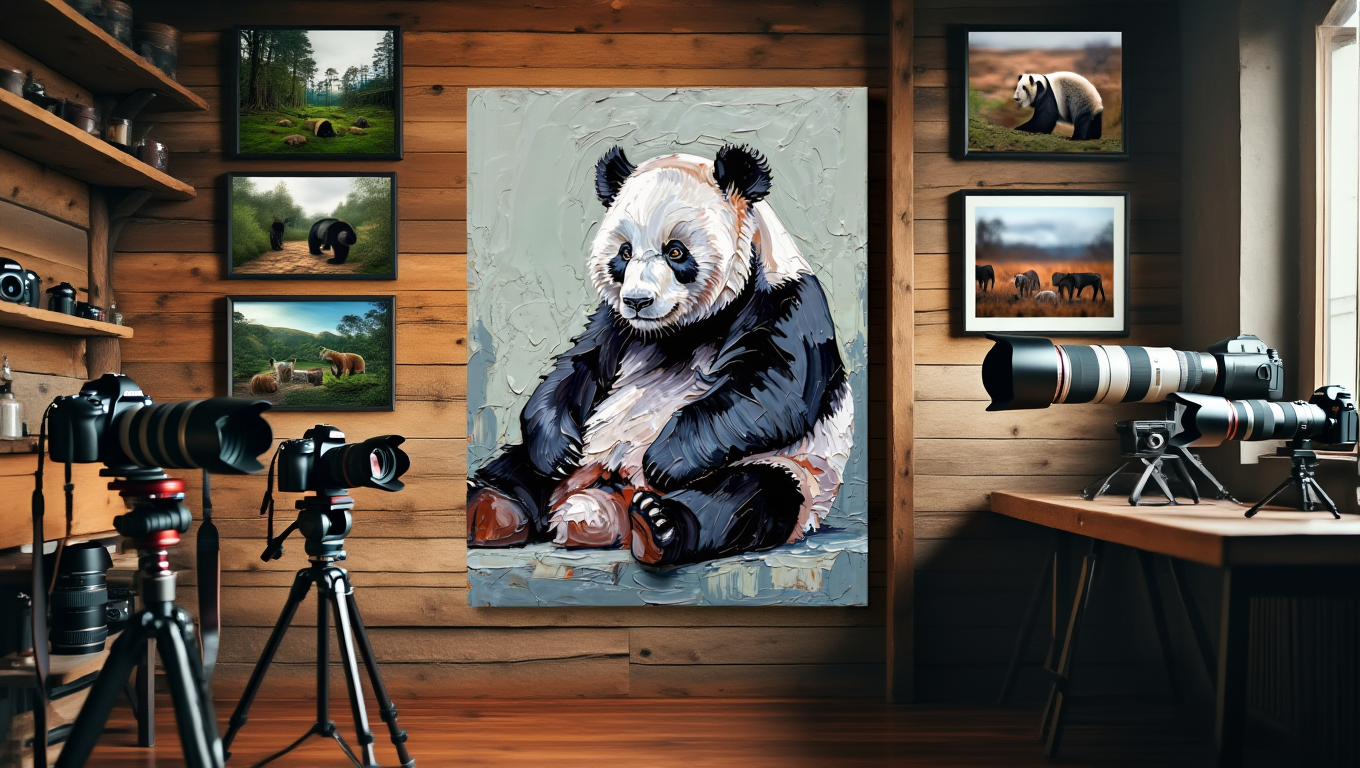 Room with wooden walls, camera equipment, and framed pictures of animals including a panda.