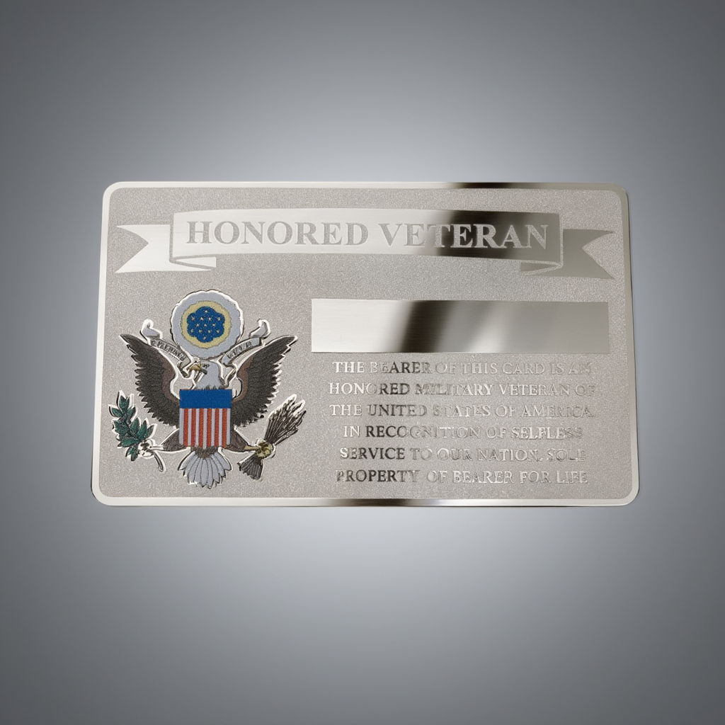 Metallic 'Honored Veteran' card with eagle and flag design on a gray background