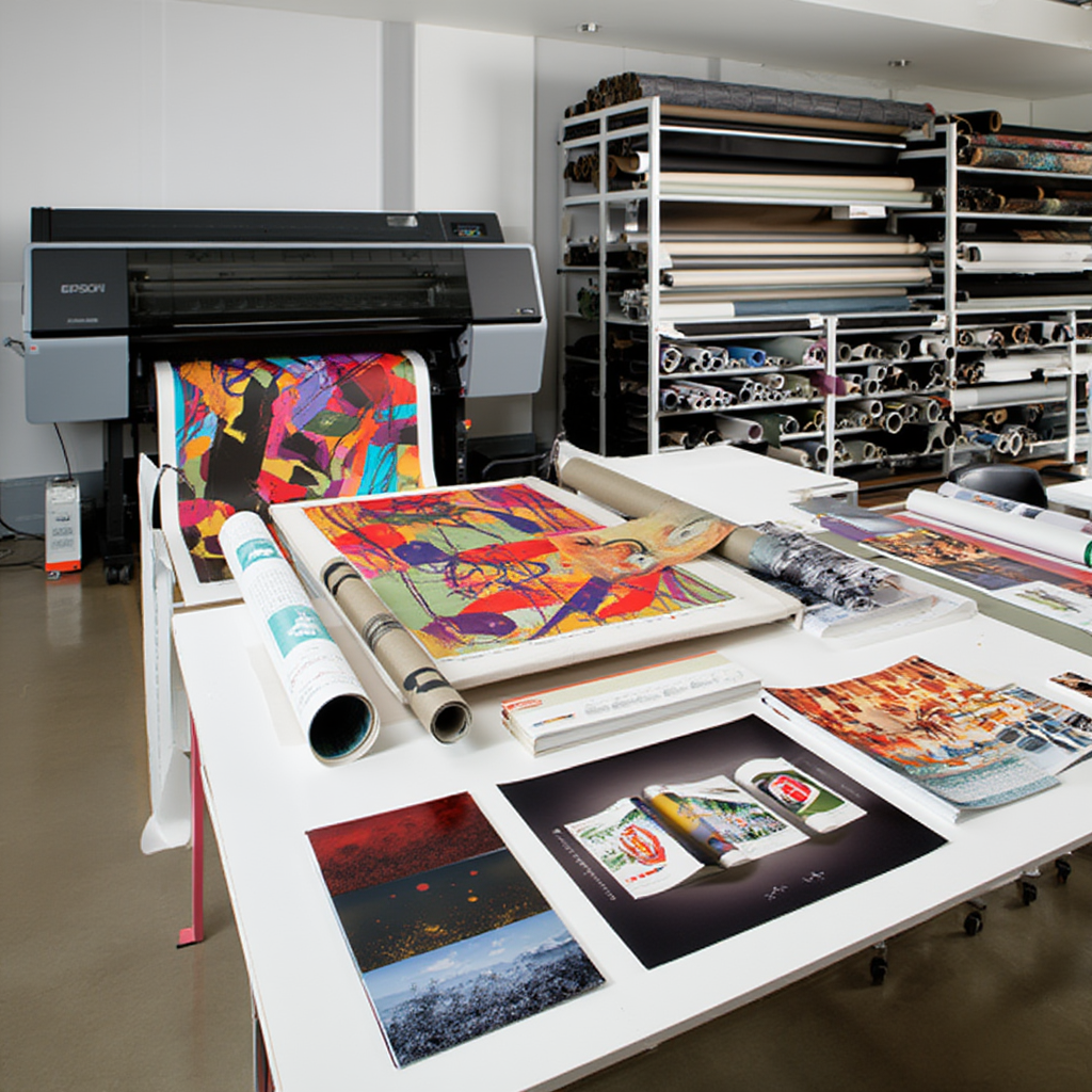 Colorful artwork displayed on a table with a large printer in an art studio setting.