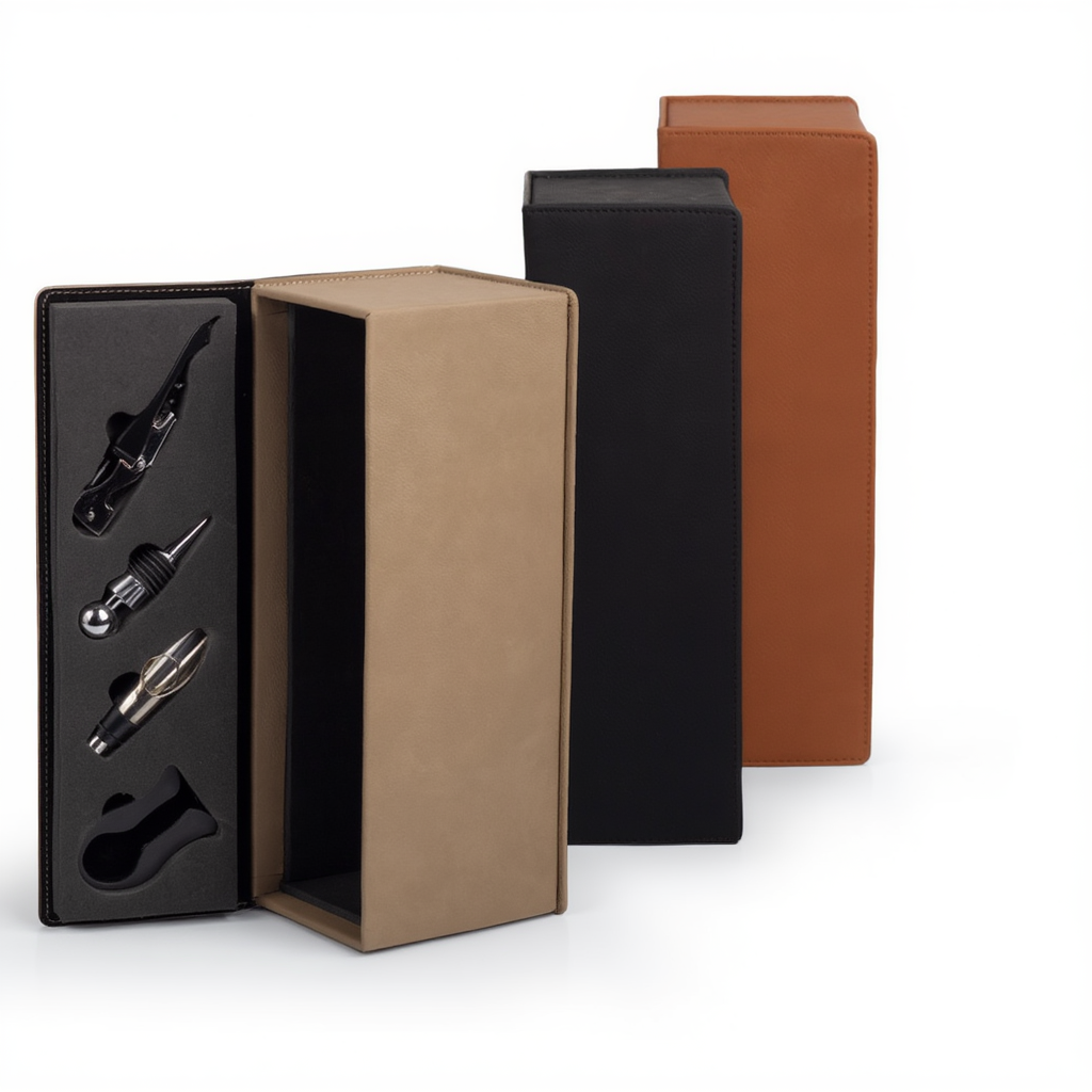 Set of wine bottle stoppers in a box with three additional stoppers on a white background.