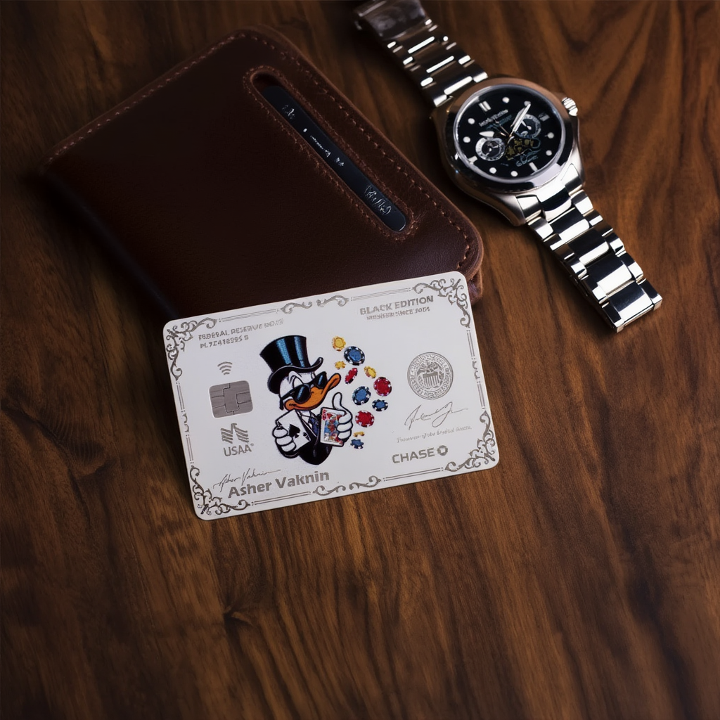 Card with cartoon character design, wallet, and watch on a wooden surface