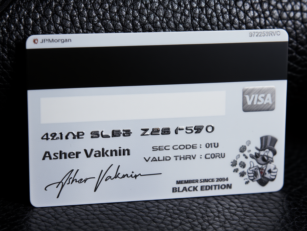 Visa credit card with personalized details on a textured black surface