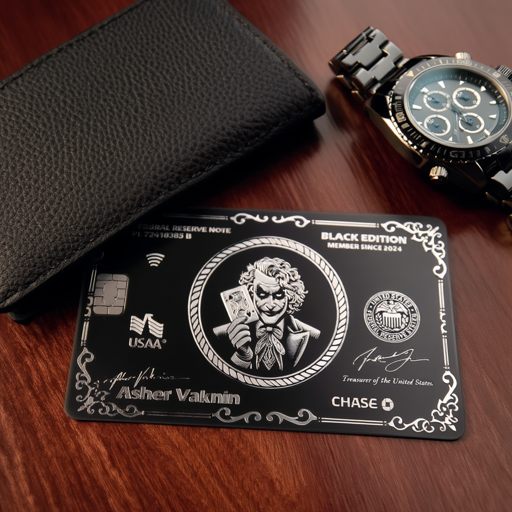 Black card with Joker design, wallet, and watch on a wooden surface
