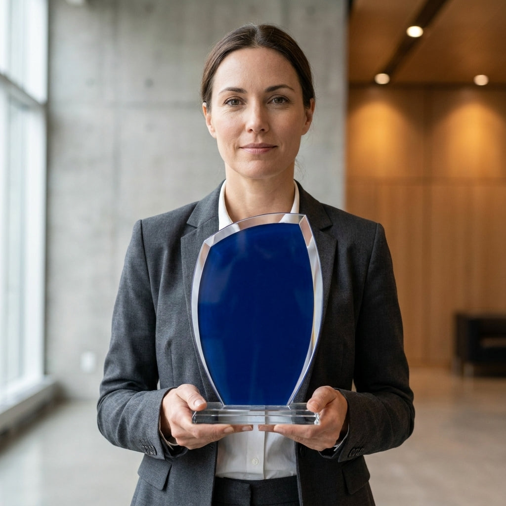 Custom Laser Engraved Deep Blue Crystal Recognition Award