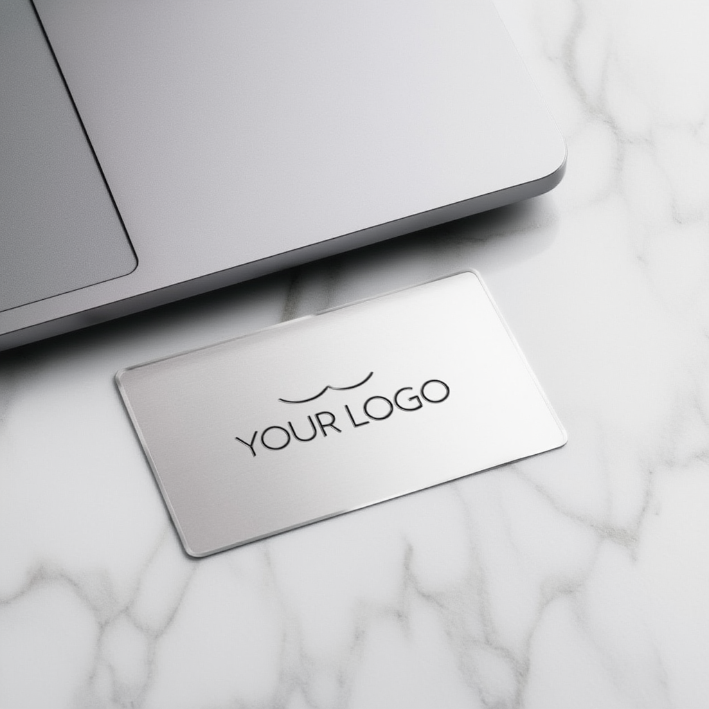 Metallic business card with 'YOUR LOGO' text on a marble surface next to a laptop.