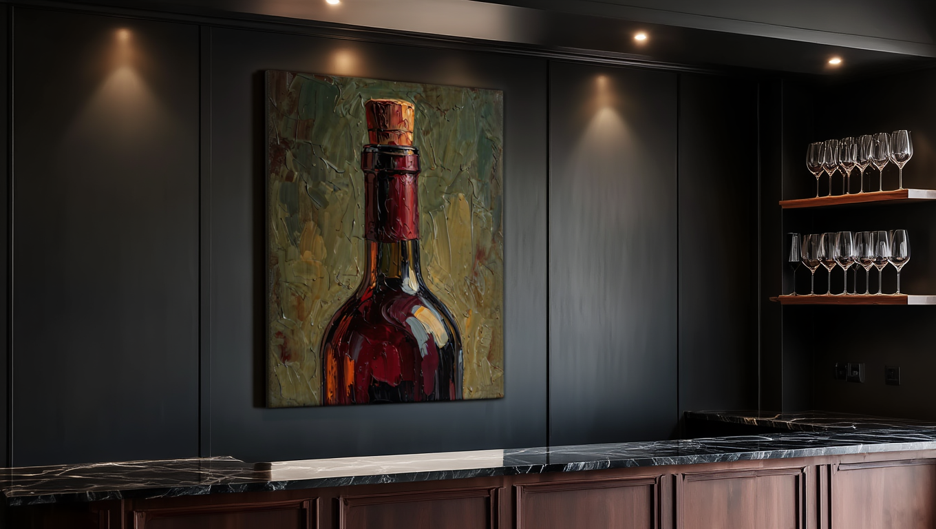 Artistic depiction of a wine bottle on a dark wall in a kitchen setting.