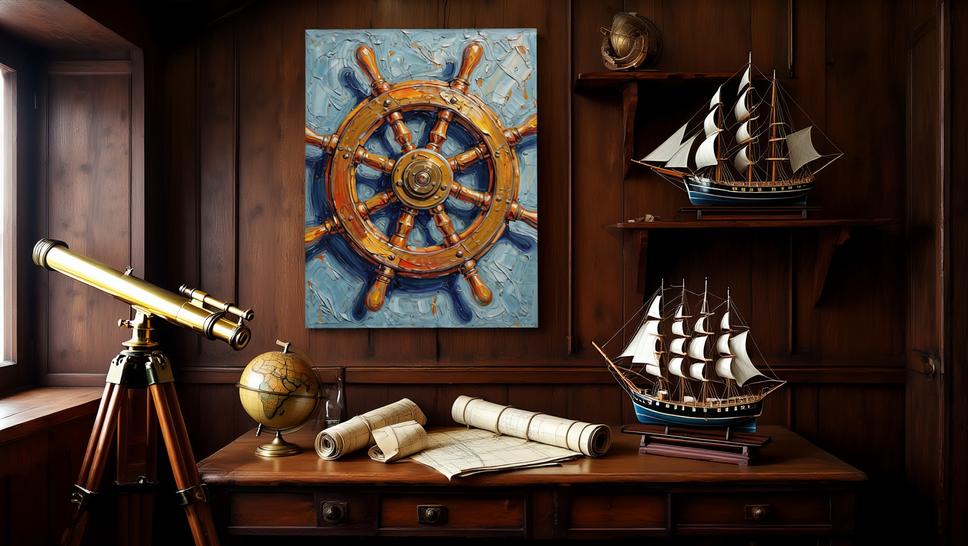 Nautical-themed room with ship wheel painting, telescope, globe, and model ships on wooden walls and desk.