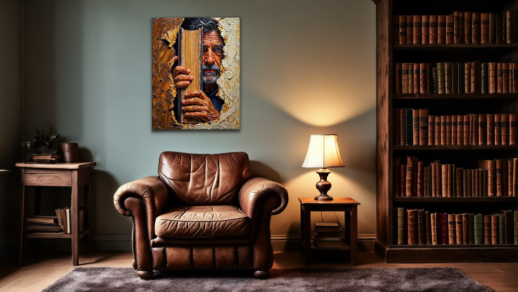 Cozy room with a leather armchair, bookshelf, and wall art.