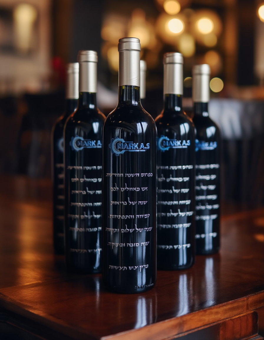 Row of Charkas wine bottles on a wooden surface with a blurred background