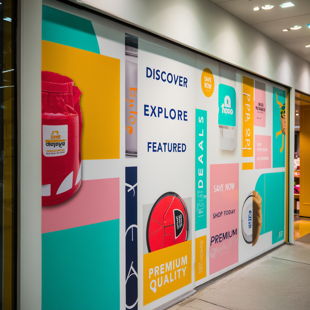 Colorful promotional display with product images and text in a store setting