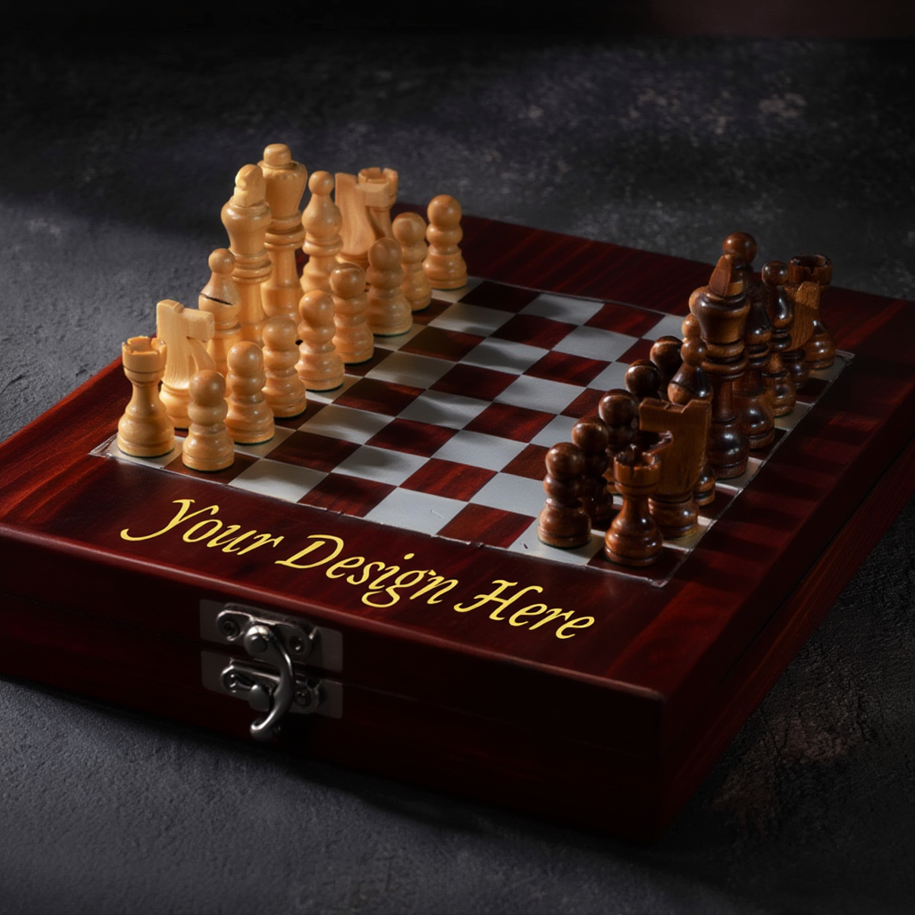 Wooden chess set with pieces on a checkered board, dark background