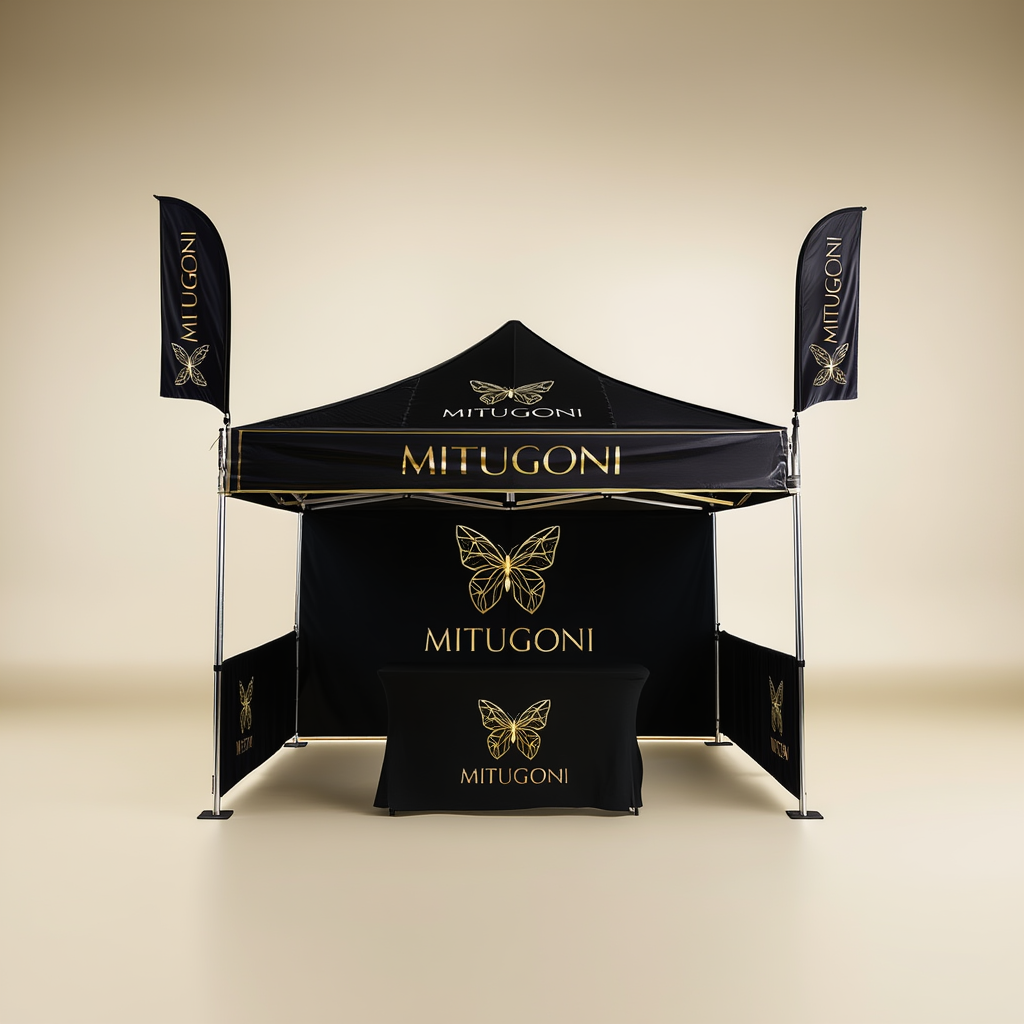 Custom branded black event tent with gold logo, including matching feather flags and table cover for trade shows and exhibitions.