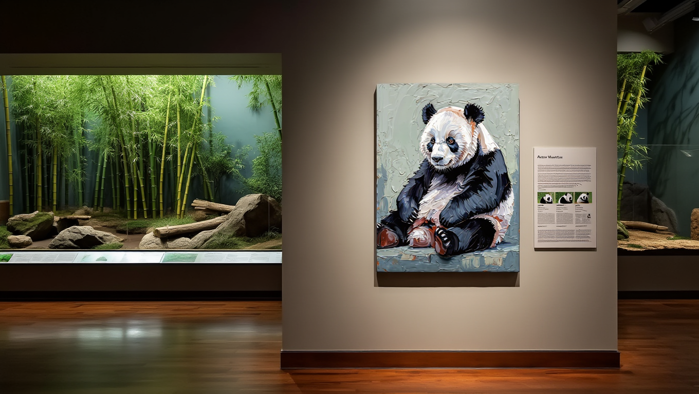 Panda painting on a wall in an exhibit with a bamboo forest display.