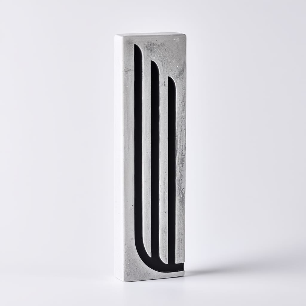 Concrete block with a black geometric cutout on a white background