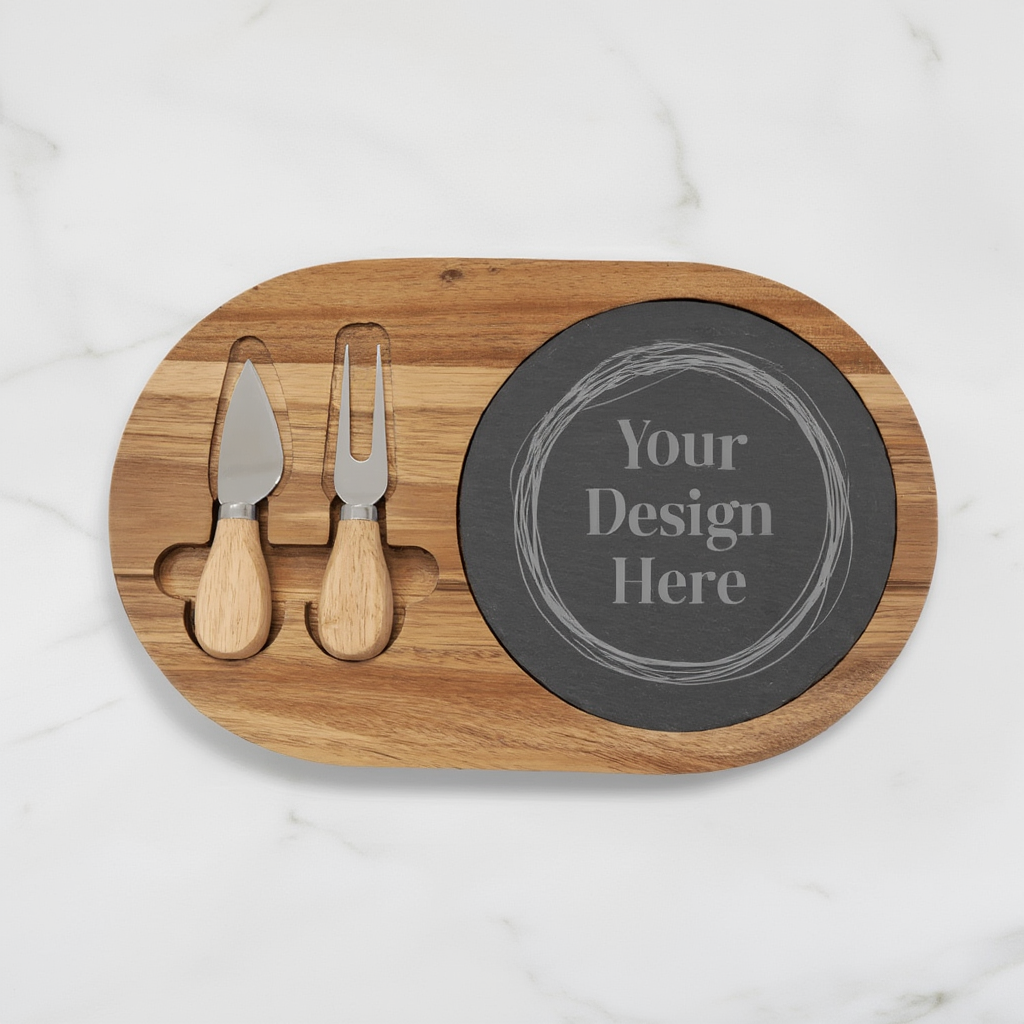 Wooden cutting board with cheese knife and fork on a marble surface