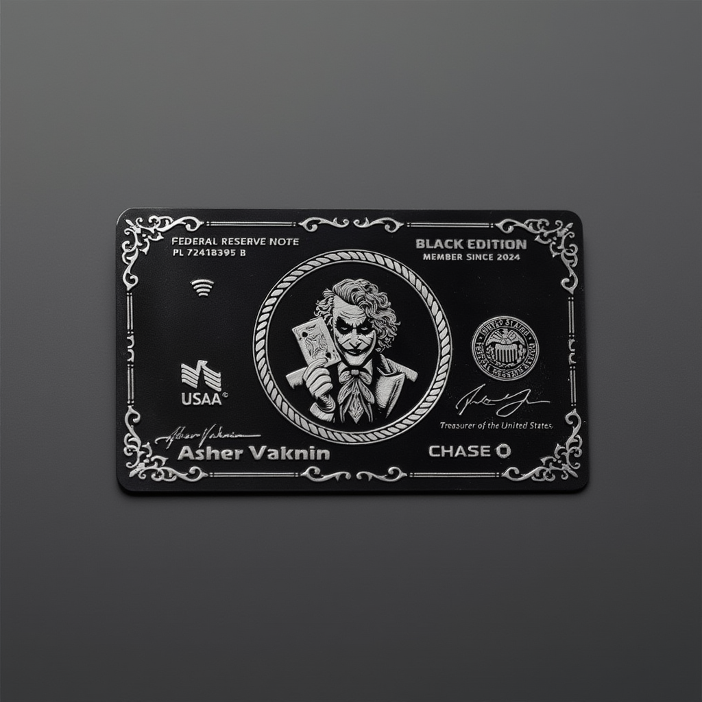 Black card with a unique design on a dark gray background
