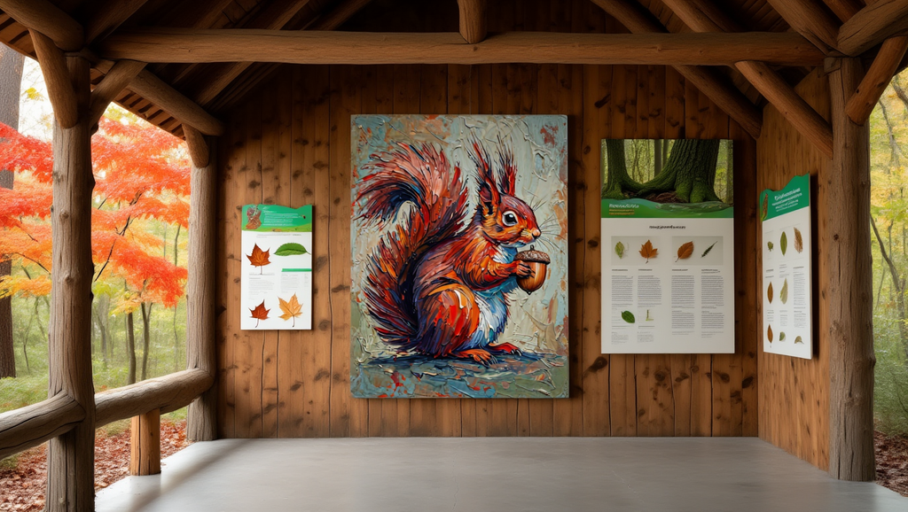 Wooden shelter with nature-themed wall art, including a colorful squirrel painting and leaf identification charts.
