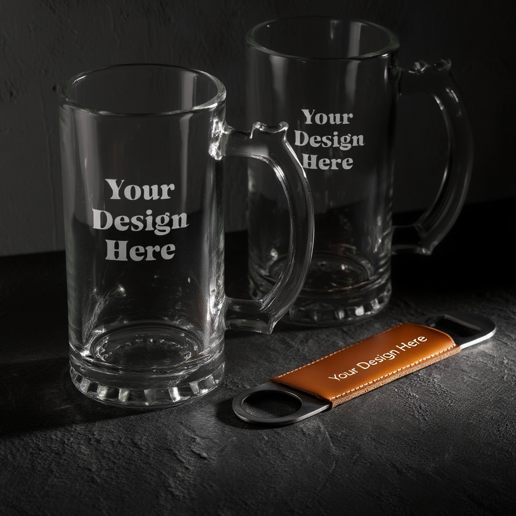 Two clear beer mugs and a bottle opener with 'Your Design Here' text on a dark surface.