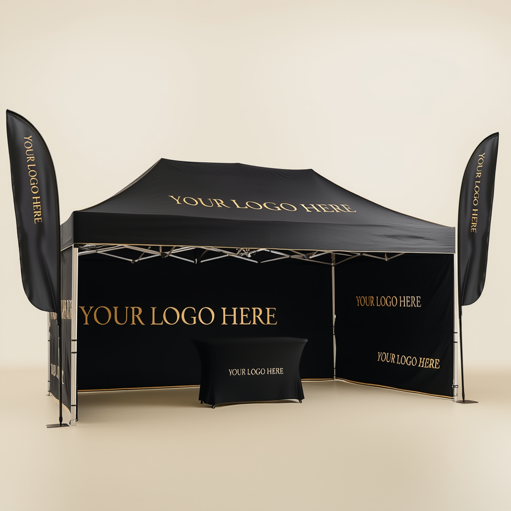 Custom branded black event tent with gold logo, including matching feather flags and table cover for trade shows and exhibitions.