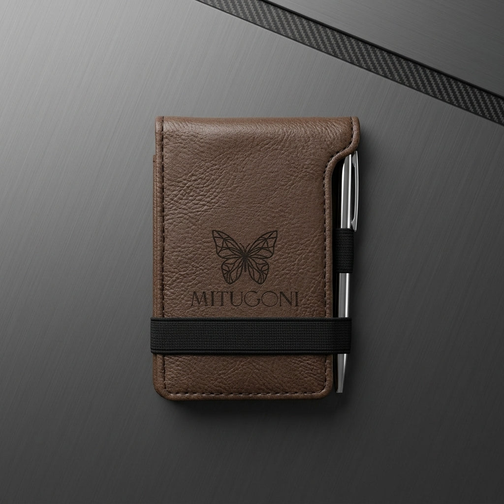 White notebook with black butterfly design and 'MITUGONI' branding on a dark gray background
